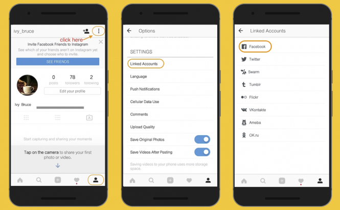 Link your Instagram and Facebook accounts from the profile tab